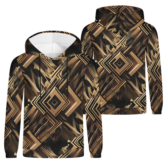 Metallic Maze poly french terry hoodie by Loud and Lethal with geometric brown and black pattern unisex design