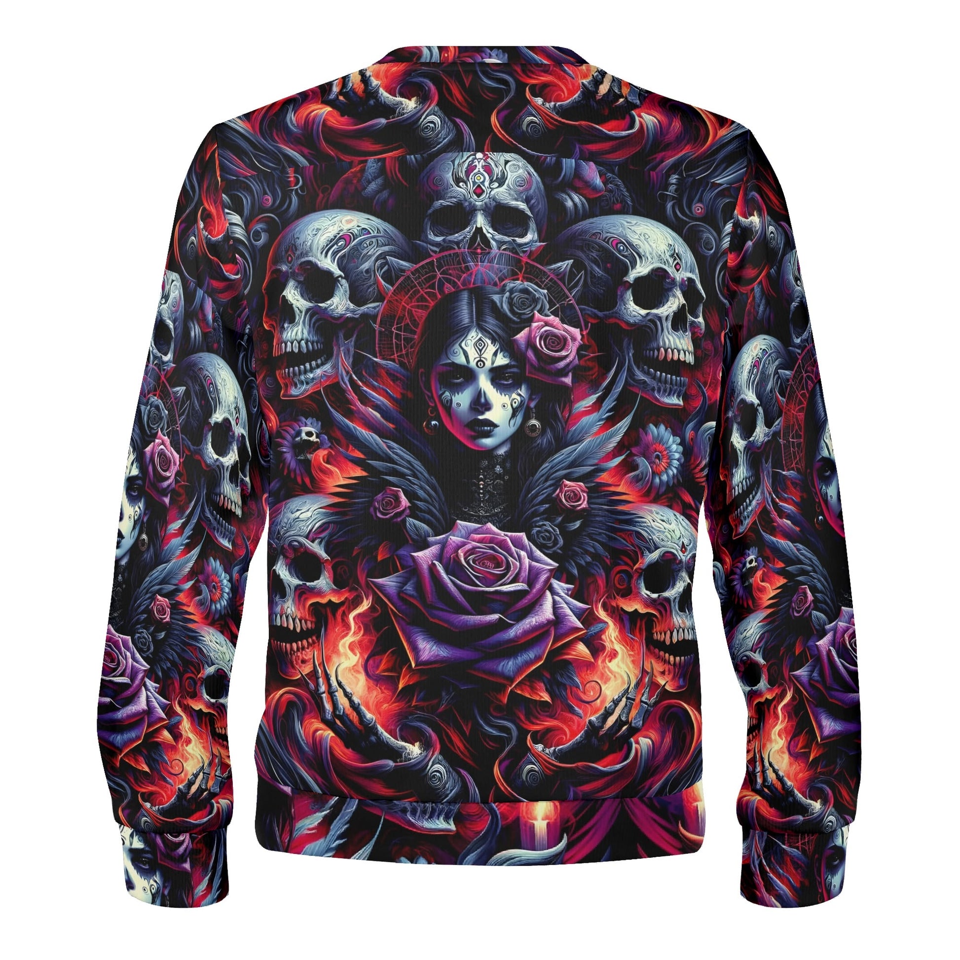 Gothic Symphony Poly French Terry Sweatshirt unisex back print with sugar skull woman roses and skulls