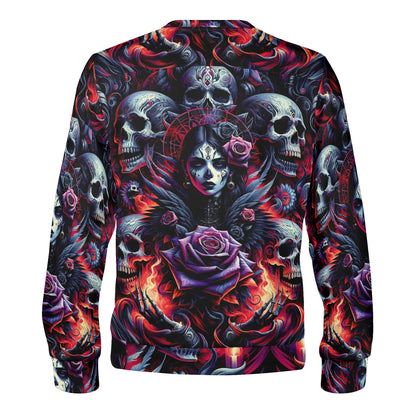 Gothic Symphony Poly French Terry Sweatshirt unisex back print with sugar skull woman roses and skulls