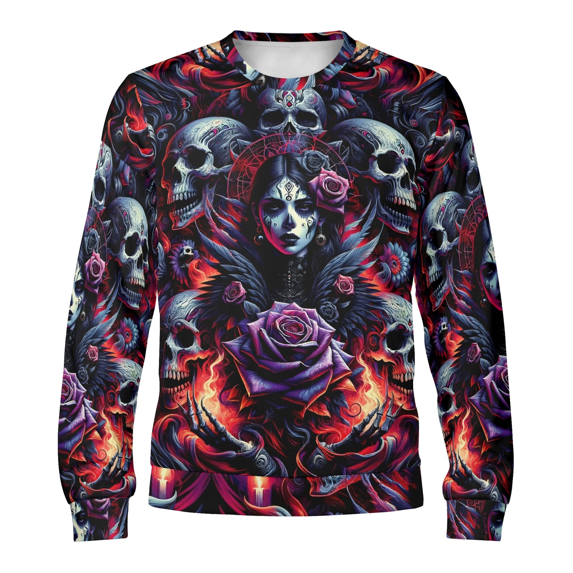 Gothic Symphony Poly French Terry Sweatshirt unisex Loud and Lethal skull woman with roses flames and candles