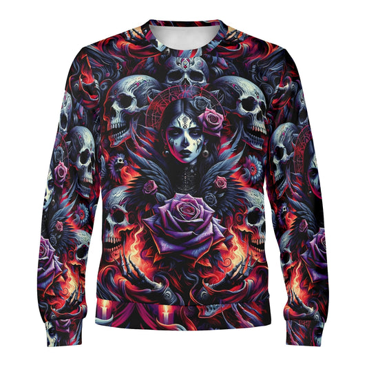 Gothic Symphony Poly French Terry Sweatshirt unisex Loud and Lethal skull woman with roses flames and candles