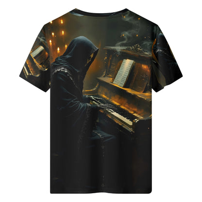 Midnight In Minor Lycra T-Shirt featuring a dark hooded figure playing piano in moody lighting