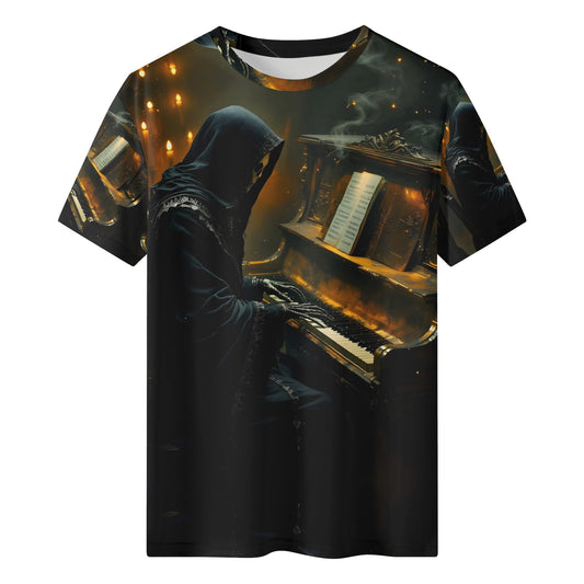 Midnight In Minor Lycra T-Shirt featuring hooded figure playing piano with glowing warm lights