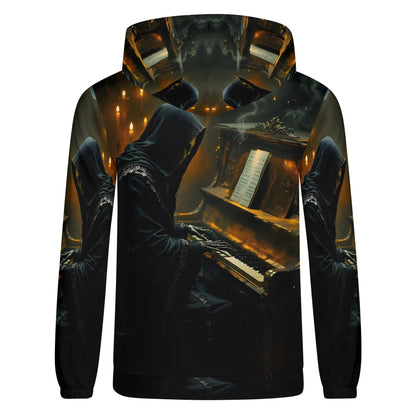 Loud and Lethal Midnight in Minor Poly French Terry Hoodie with dark hooded figure playing piano
