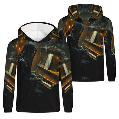 Midnight in Minor Poly French Terry Hoodie by Loud and Lethal featuring dark hooded figure playing piano in candlelight