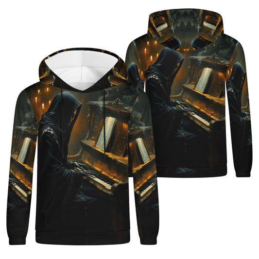 Midnight in Minor Poly French Terry Hoodie by Loud and Lethal featuring dark hooded figure playing piano in candlelight