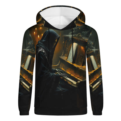 Midnight in Minor Poly French Terry Hoodie by Loud and Lethal featuring a dark hooded figure playing piano design