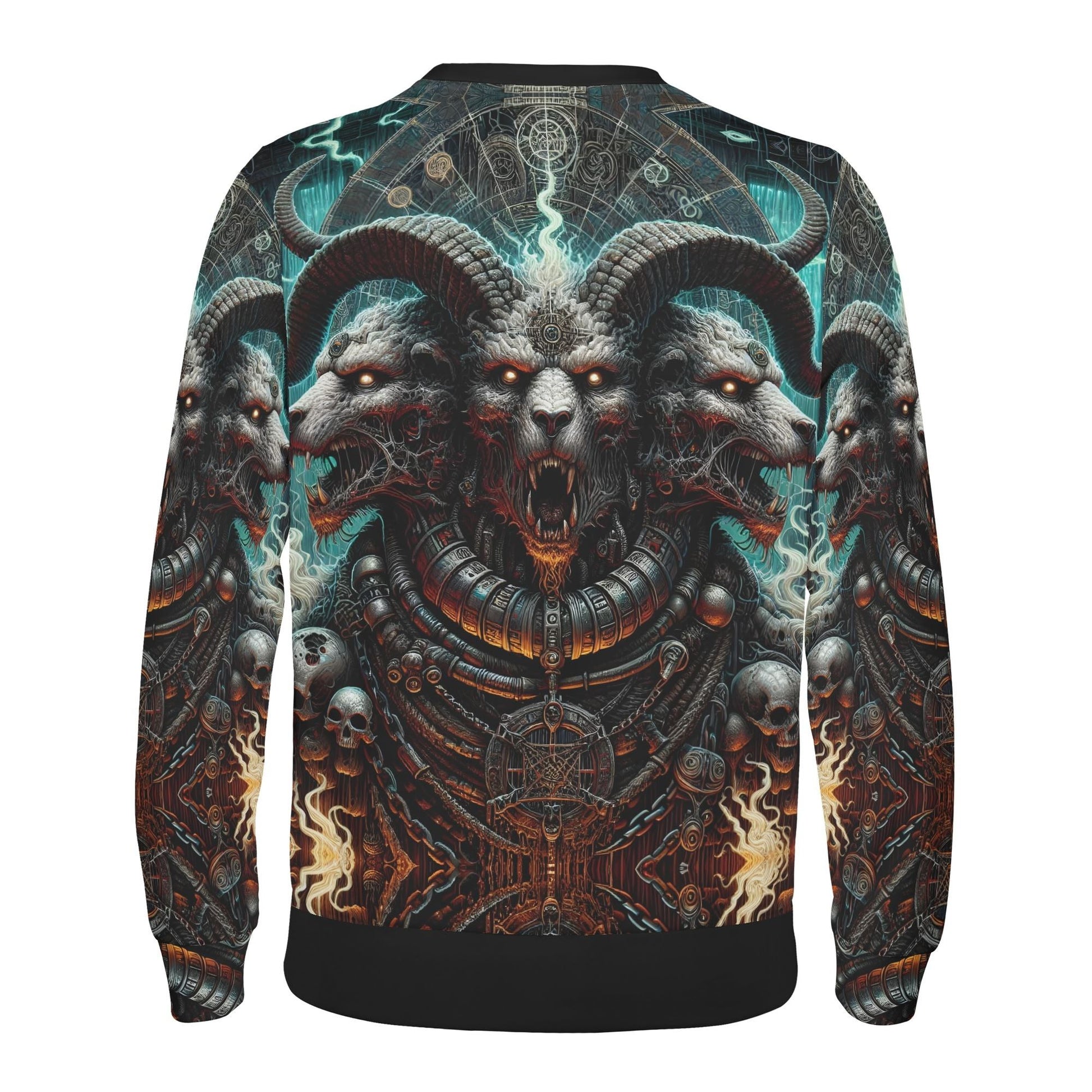 Mythical Monsters Cerberus Poly French Terry Sweatshirt unisex featuring three headed Cerberus with horns and skull details