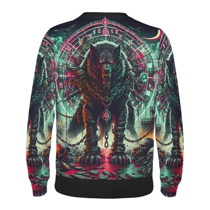 Mythical Monsters Fenrir Poly French Terry Sweatshirt unisex back view snarling chained wolf with occult sigils neon green pink