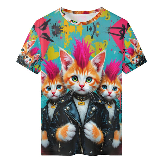 Mohawk Meow Organic Cotton Kids T-Shirt featuring punk cat with pink mohawk and leather jacket