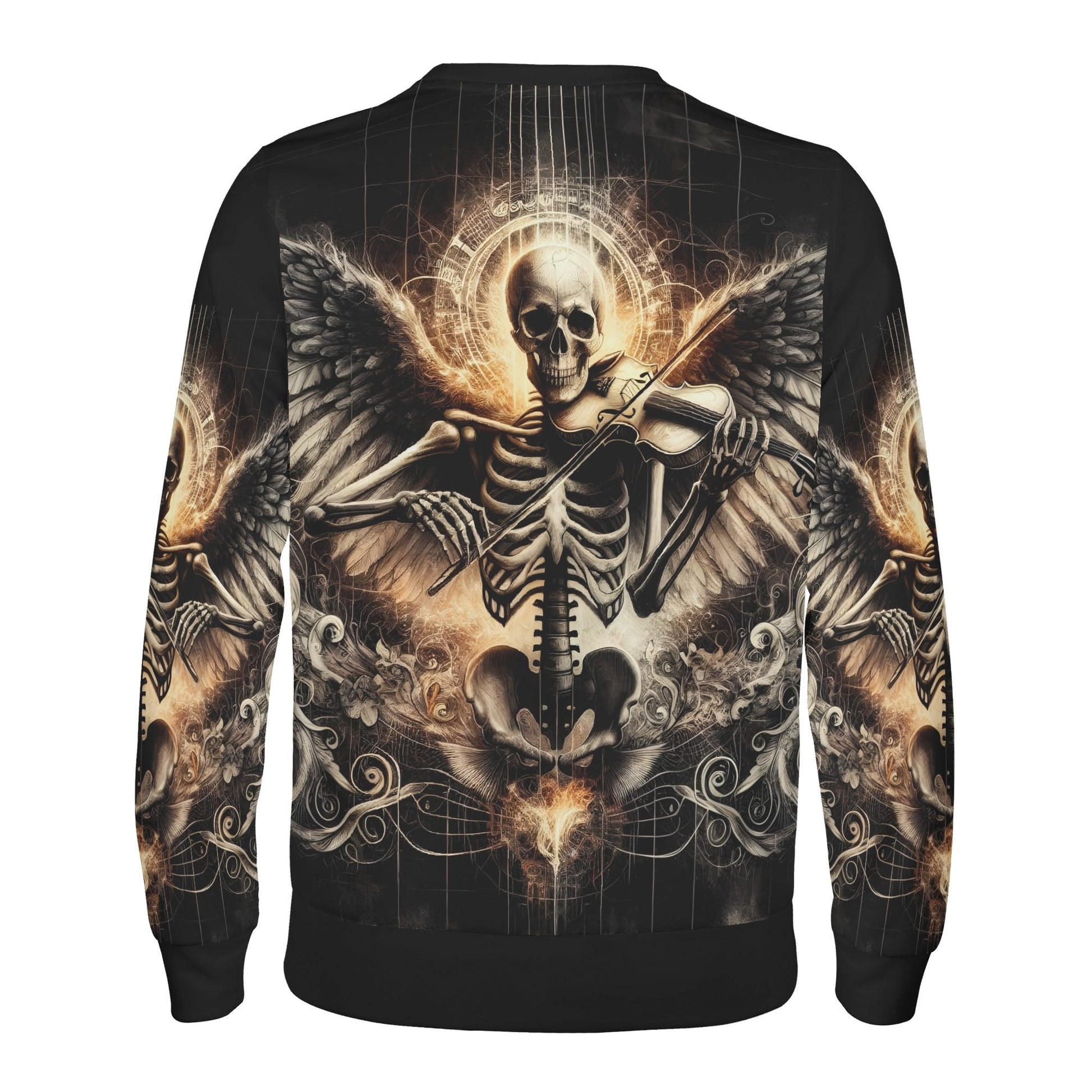 Violin Virtuoso Poly French Terry Sweatshirt unisex Loud and Lethal sweater with winged skeleton violinist graphic on black