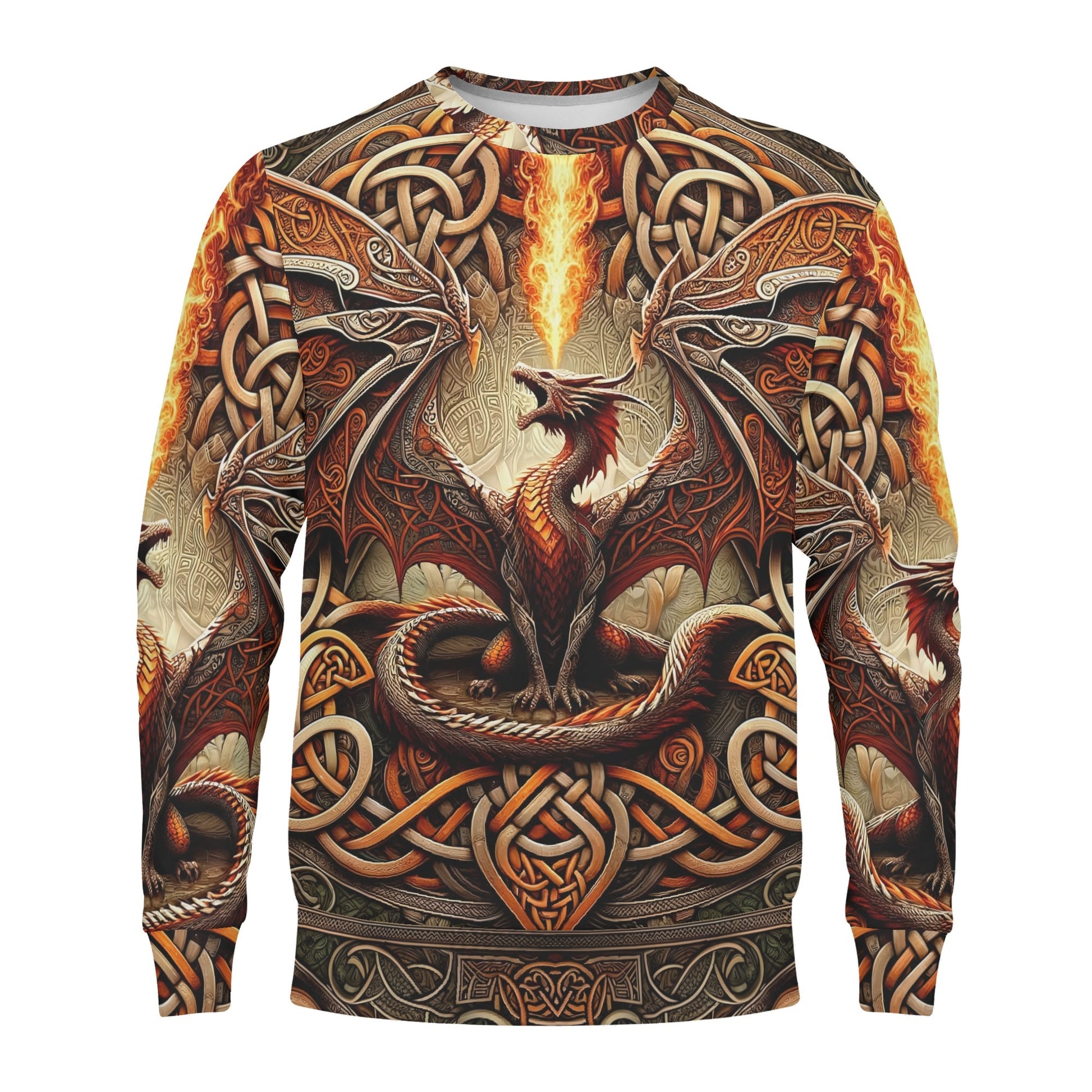 Braided Fury Poly French Terry Sweatshirt unisex sweater with fiery red dragon and Celtic knot braided design