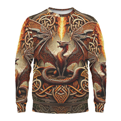 Braided Fury Poly French Terry Sweatshirt unisex sweater with fiery red dragon and Celtic knot braided design