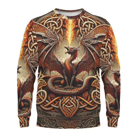 Braided Fury Poly French Terry Sweatshirt unisex sweater with fiery red dragon and Celtic knot braided design