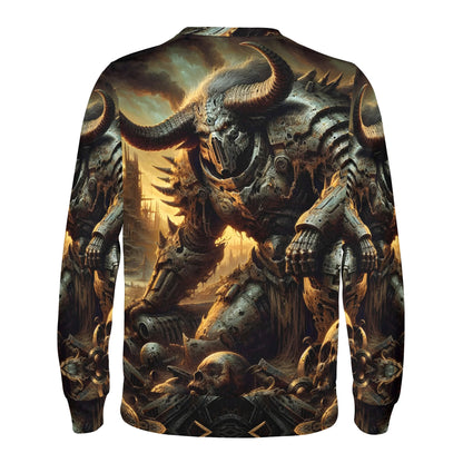 Loud and Lethal Horns of the Apocalypse Poly French Terry Sweatshirt unisex print back view with horned armored demon and skulls