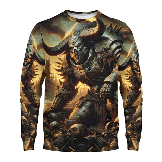 Horns of the Apocalypse Poly French Terry Sweatshirt by Loud and Lethal featuring horned armored demon and skulls
