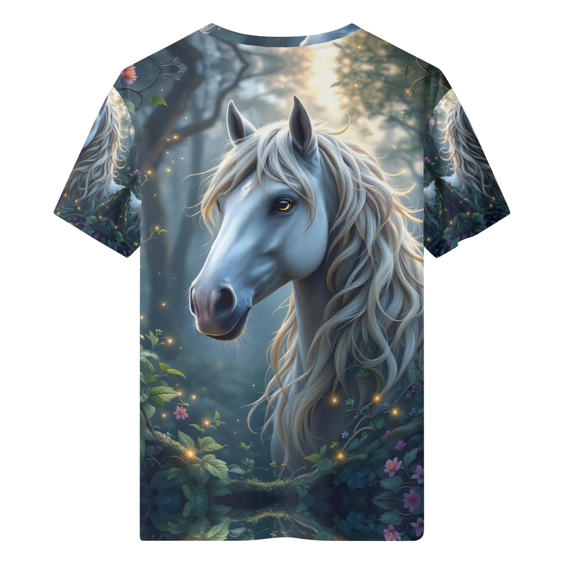 Mystic Hooves Organic Cotton Kids T-Shirt featuring detailed white horse in enchanted forest design