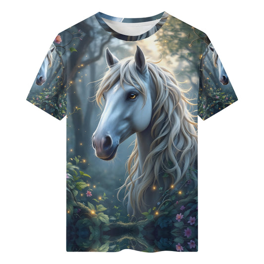Mystic Hooves Organic Cotton Kids T-Shirt featuring a detailed white horse in a magical forest design