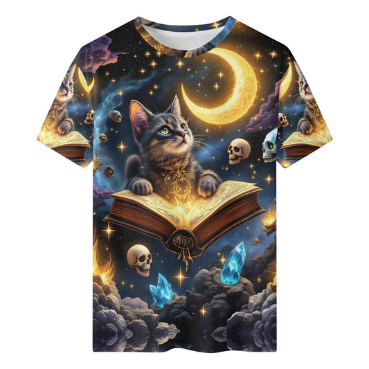 Mystic Paws Organic Cotton Kids T-Shirt featuring a magical cat with glowing book and moonlit night design