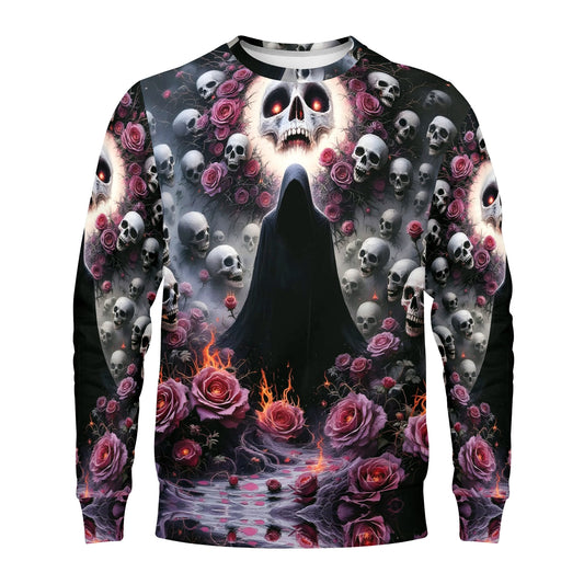 Enigmatic Symphony Cotton Terry Sweatshirt unisex sweater with hooded figure skull motifs roses and fiery water