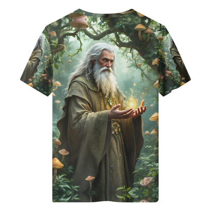 Loud and Lethal The Wizards Lore Lycra Kids T-Shirt showing a wizard casting a glowing spell in a mushroom forest