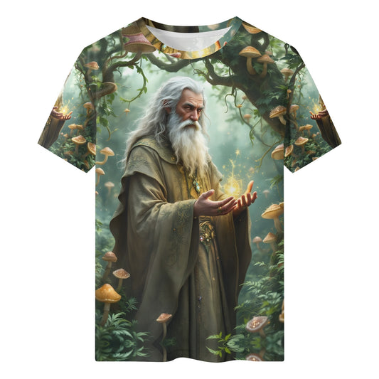The Wizards Lore Lycra Kids T-Shirt by Loud and Lethal featuring white bearded wizard in enchanted forest with mushrooms