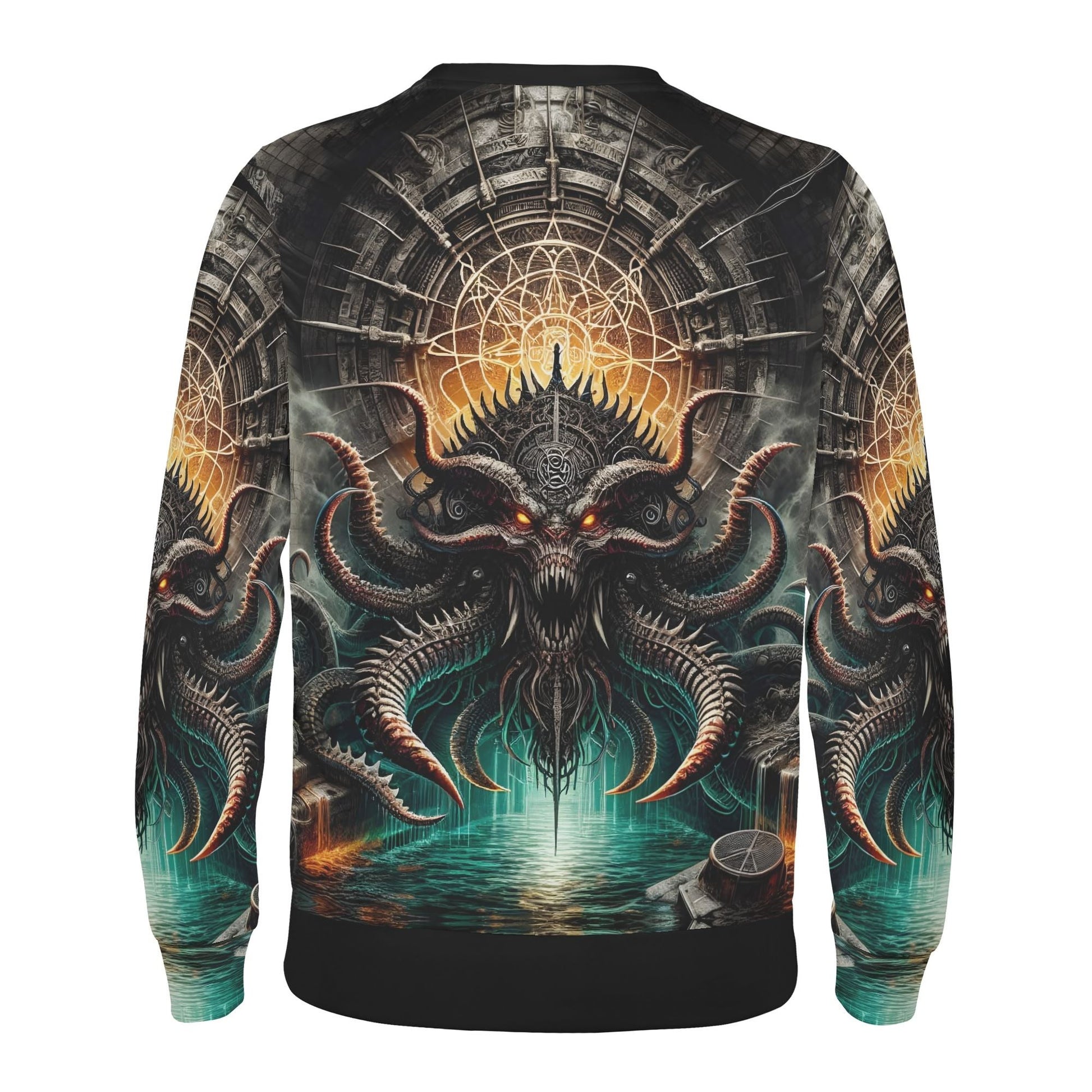 Loud and Lethal unisex Mythical Monsters Kraken Poly French Terry Sweatshirt showing horned kraken with glowing eyes and tentacles