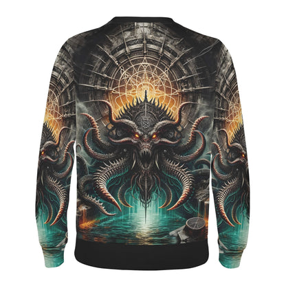 Loud and Lethal unisex Mythical Monsters Kraken Poly French Terry Sweatshirt showing horned kraken with glowing eyes and tentacles