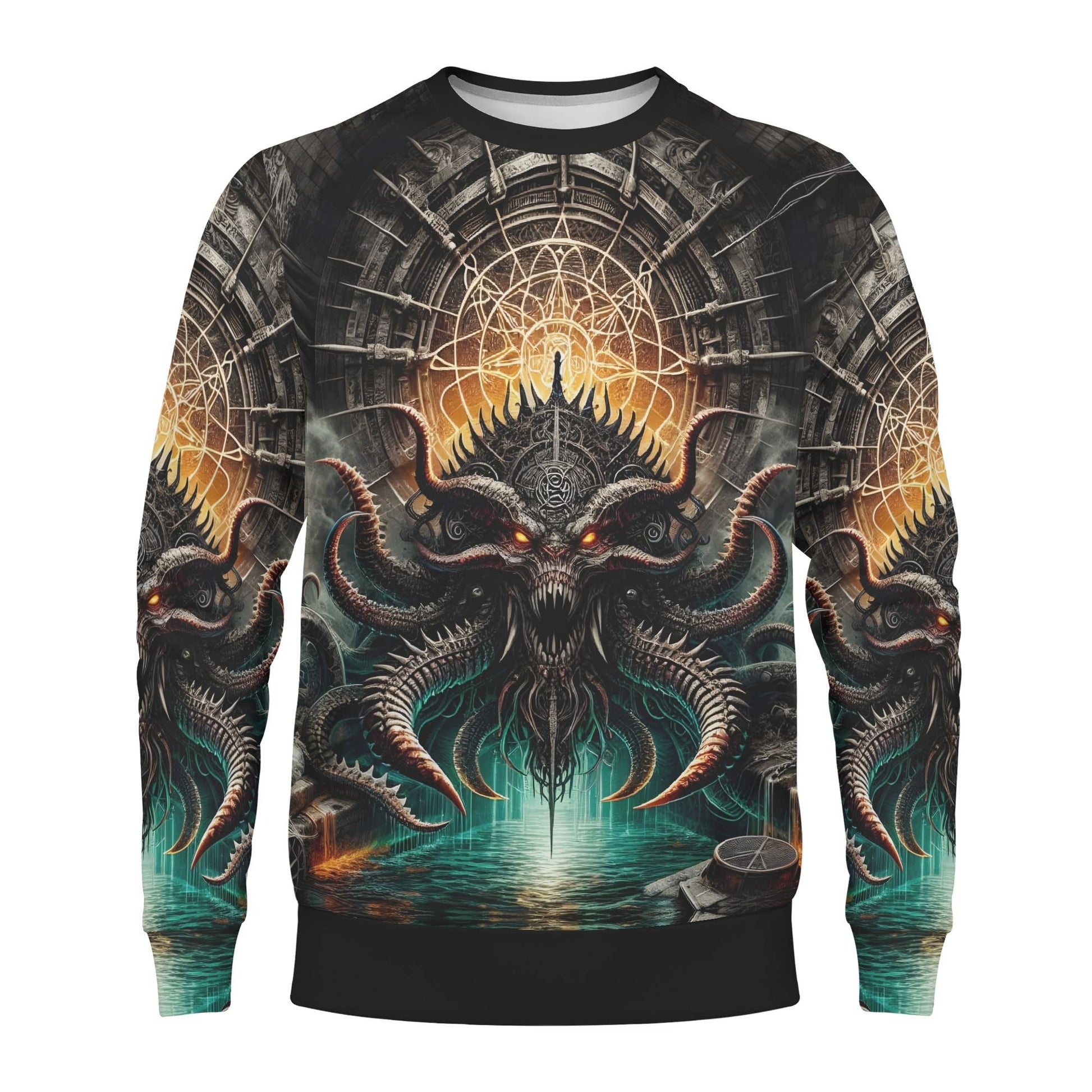 Mythical Monsters Kraken Poly French Terry Sweatshirt unisex sweater with demonic kraken graphic glowing eyes ocean tunnel