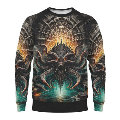 Mythical Monsters Kraken Poly French Terry Sweatshirt unisex sweater with demonic kraken graphic glowing eyes ocean tunnel