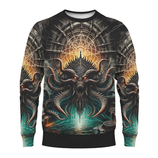 Mythical Monsters Kraken Poly French Terry Sweatshirt unisex sweater with demonic kraken graphic glowing eyes ocean tunnel