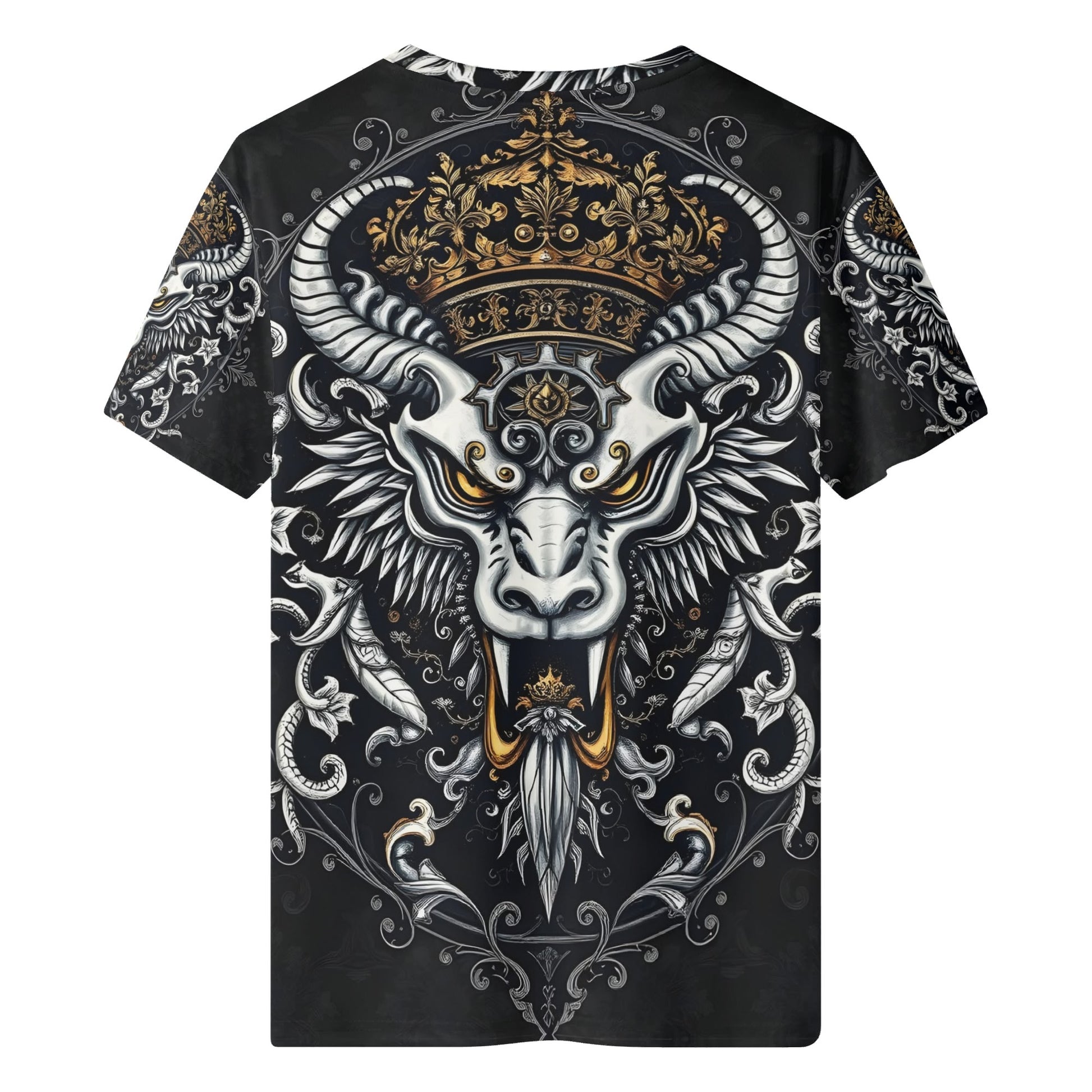 Loud and Lethal Shadowed Splendor Lycra T-Shirt Mythic Power Unleashed unisex black tee with gold crowned horned beast design