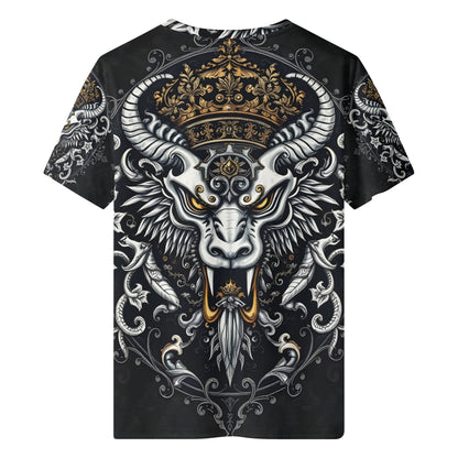 Loud and Lethal Shadowed Splendor Lycra T-Shirt Mythic Power Unleashed unisex black tee with gold crowned horned beast design
