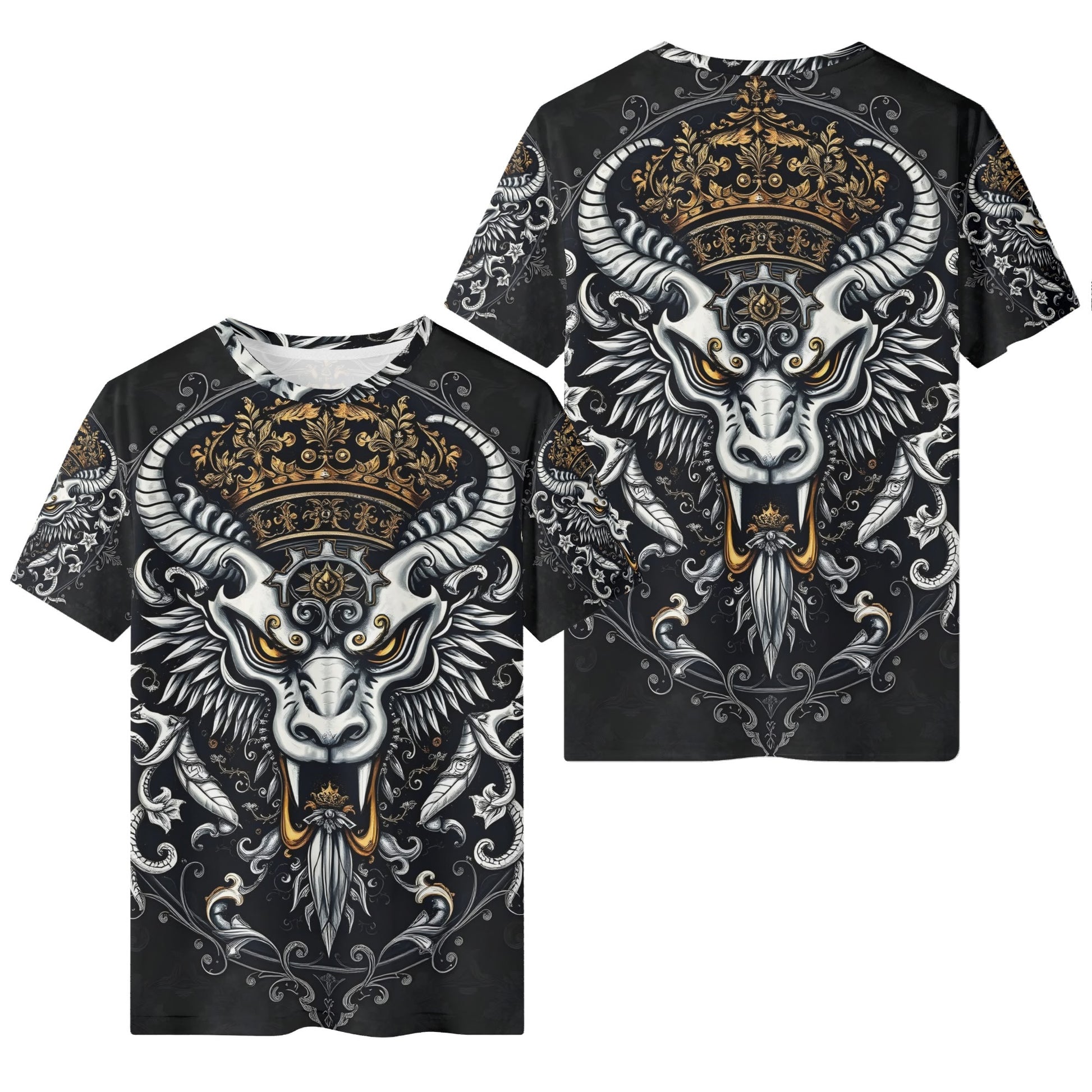 Shadowed Splendor Lycra T-Shirt Mythic Power Unleashed Loud and Lethal unisex black tee crowned horned beast gold white design