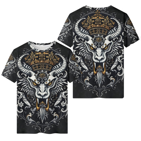 Shadowed Splendor Lycra T-Shirt Mythic Power Unleashed Loud and Lethal unisex black tee crowned horned beast gold white design
