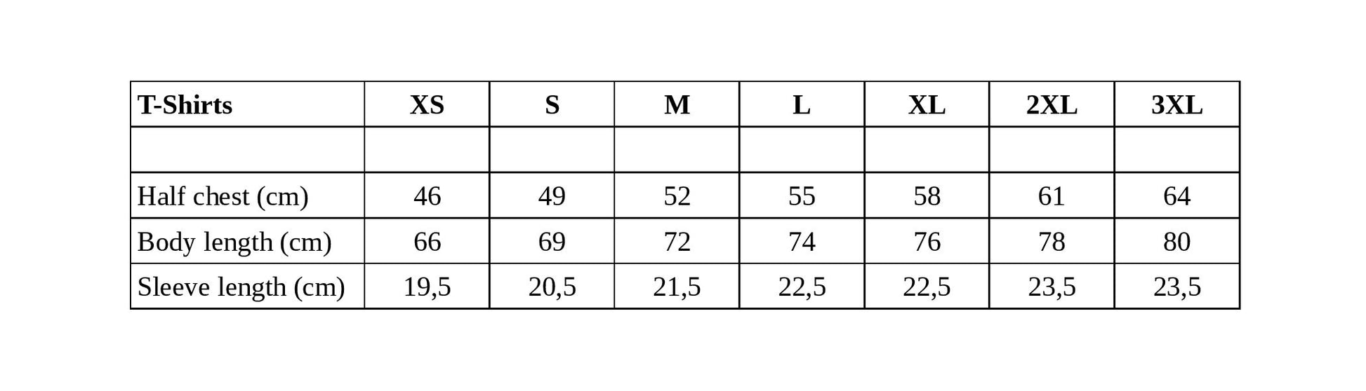 Shadowed Splendor Lycra T-Shirt Mythic Power Unleashed unisex t shirt size chart XS to 3XL half chest body sleeve cm