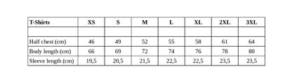 Shadowed Splendor Lycra T-Shirt Mythic Power Unleashed unisex t shirt size chart XS to 3XL half chest body sleeve cm