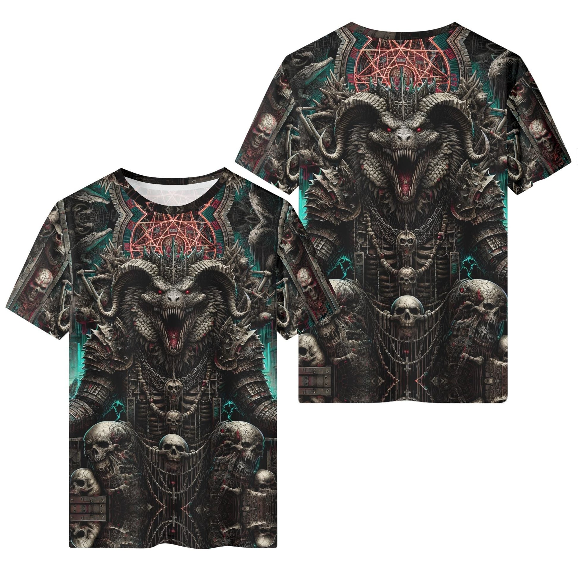 Mythical Monsters Ammit Organic Cotton T-Shirt featuring a dark, detailed monstrous figure with skulls and intricate designs