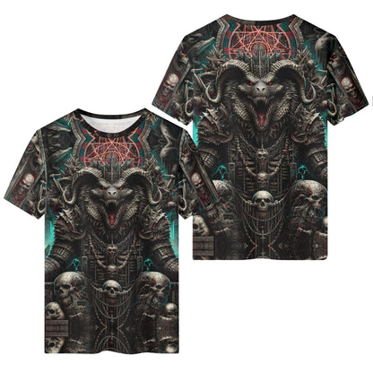Mythical Monsters Ammit Organic Cotton T-Shirt featuring a dark, detailed monstrous figure with skulls and intricate designs