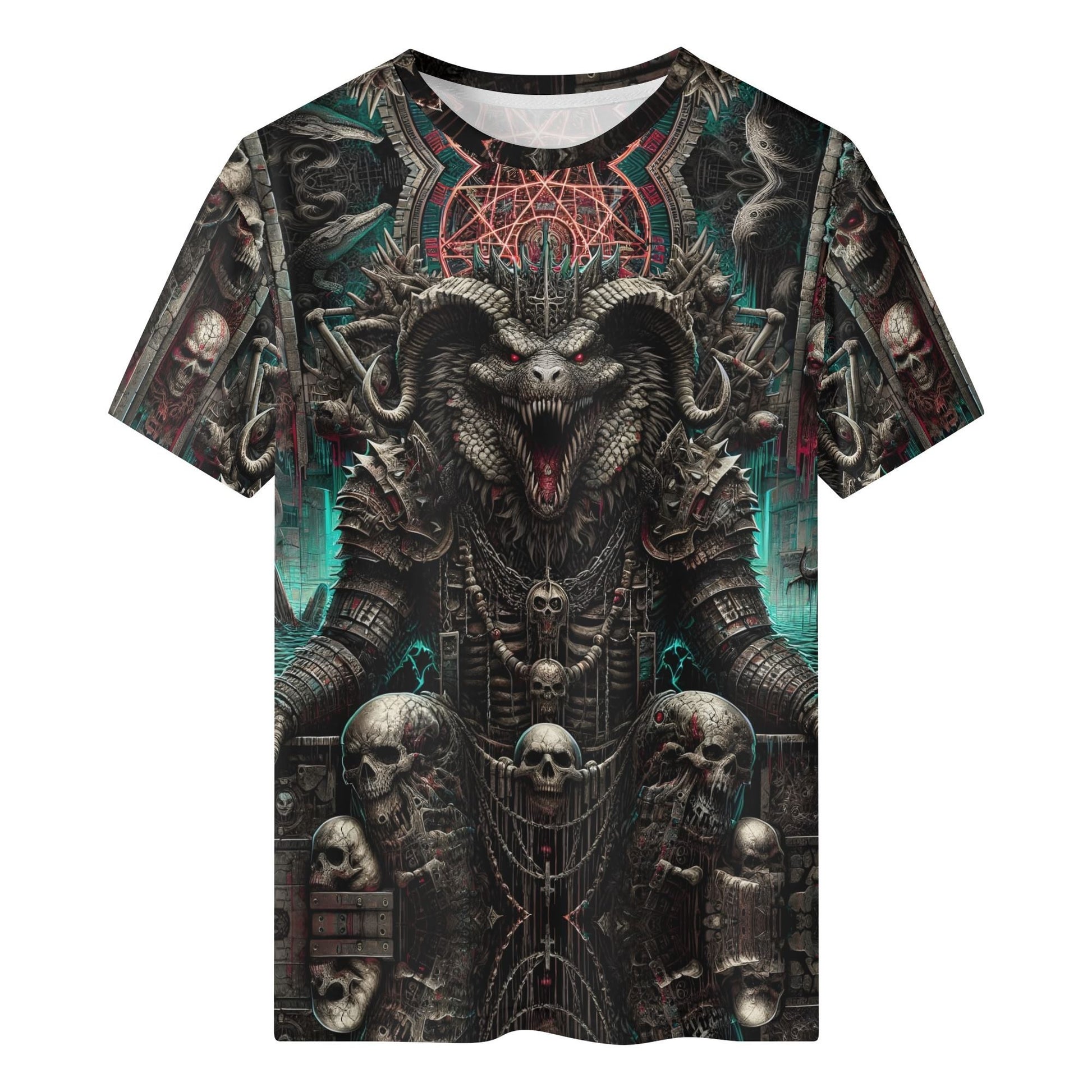 Mythical Monsters Ammit Organic Cotton T-Shirt featuring fierce dark fantasy monster with skulls and intricate armor design