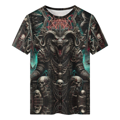 Mythical Monsters Ammit Organic Cotton T-Shirt featuring fierce dark fantasy monster with skulls and intricate armor design