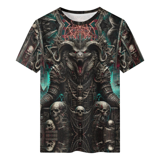 Mythical Monsters Ammit Organic Cotton T-Shirt featuring fierce dark fantasy monster with skulls and intricate armor design
