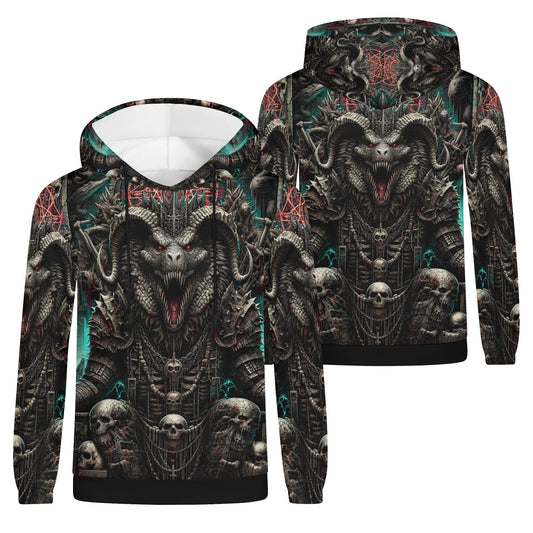 Mythical Monsters Ammit Poly French Terry Hoodie with dark detailed monster and skull design unisex hoodie