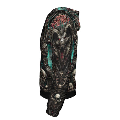 Side view of Mythical Monsters Ammit Poly French Terry Hoodie by Loud and Lethal with dark mythical monster design