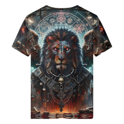 Mythical Monsters Anzu Organic Cotton T-Shirt featuring a detailed winged lion with mystical symbols and dark fantasy design