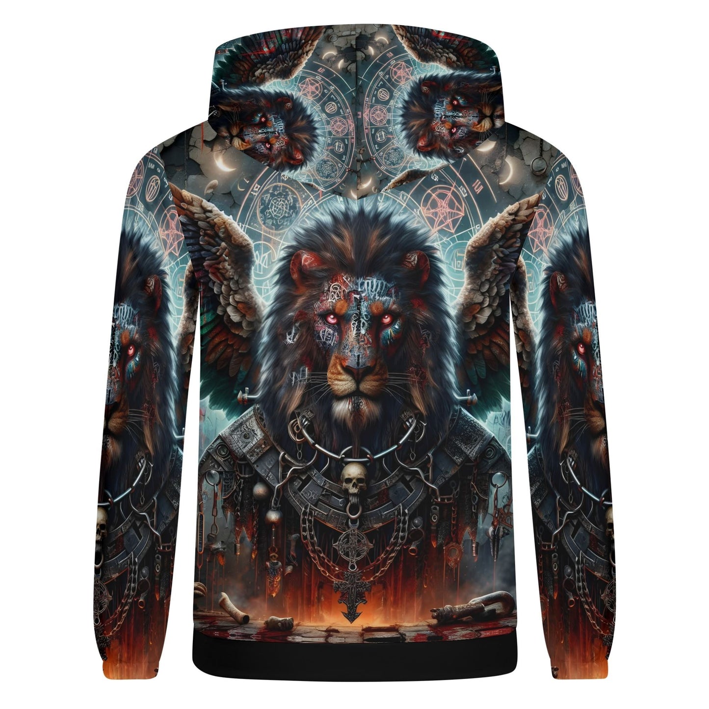 Mythical Monsters Anzu Poly French Terry Hoodie featuring a detailed winged lion with mystical symbols and dark fantasy design