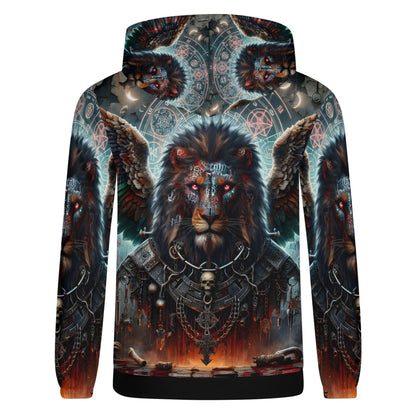 Mythical Monsters Anzu Poly French Terry Hoodie featuring a detailed winged lion with mystical symbols and dark fantasy design
