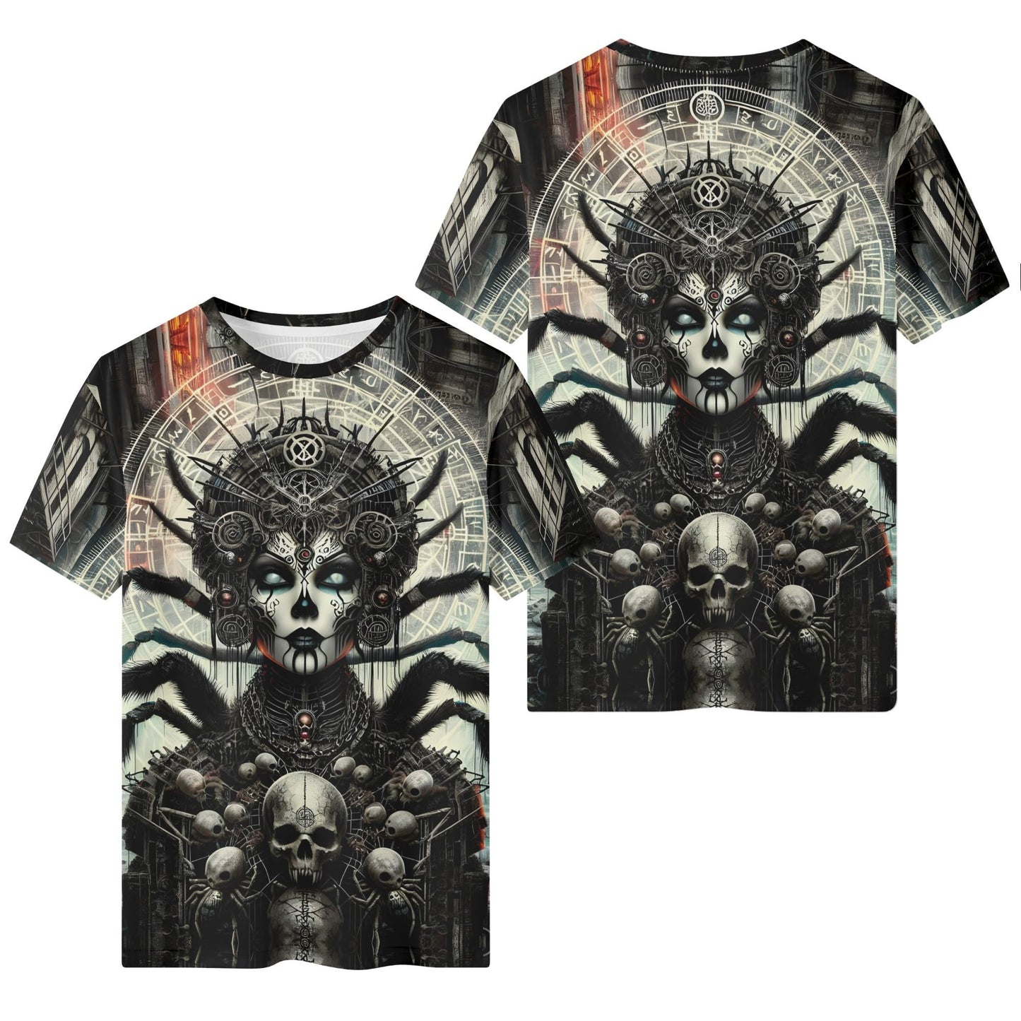 Mythical Monsters Arachne Organic Cotton T-Shirt with dark spider queen and skull design