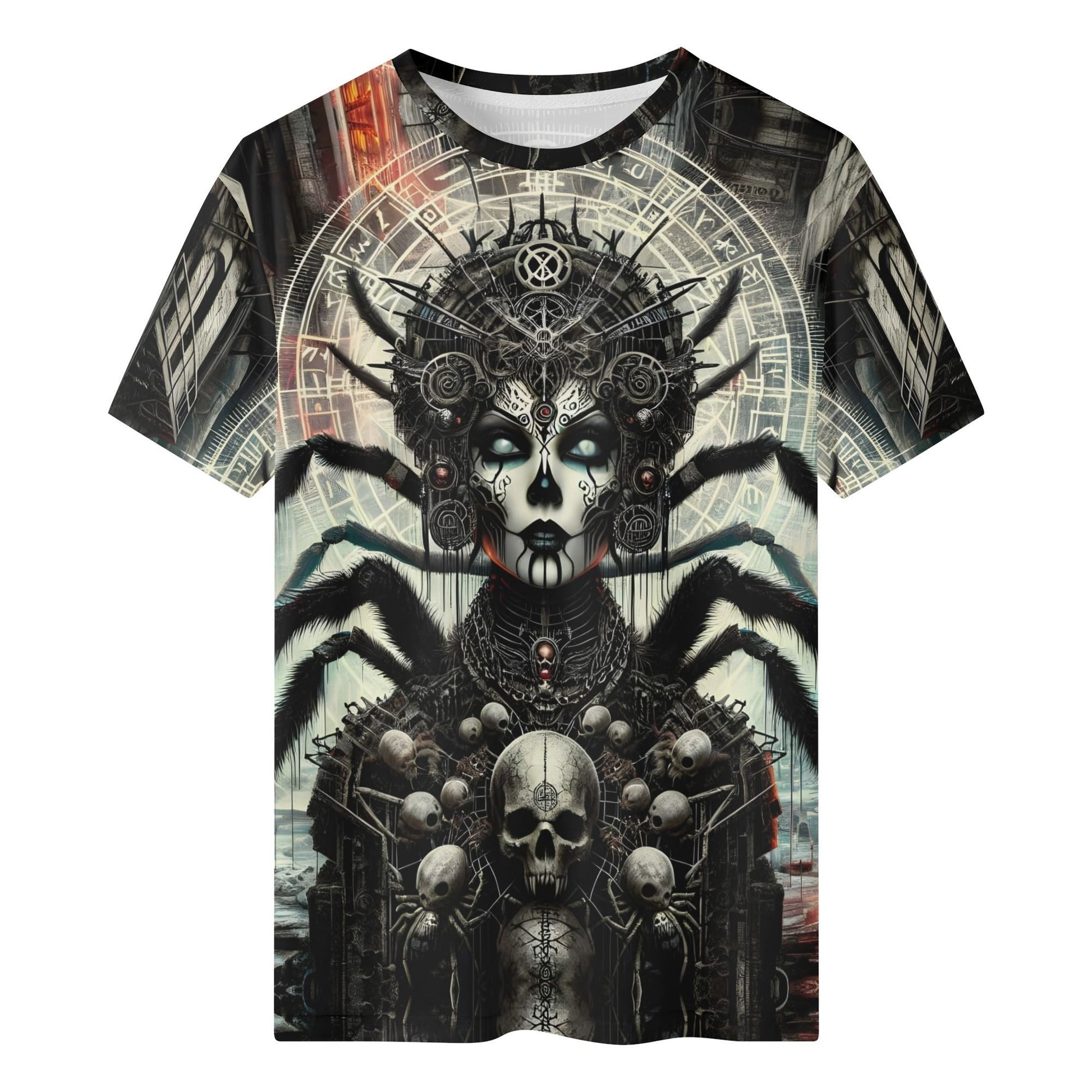 Mythical Monsters Arachne Organic Cotton T-Shirt with dark spider queen design and skull details