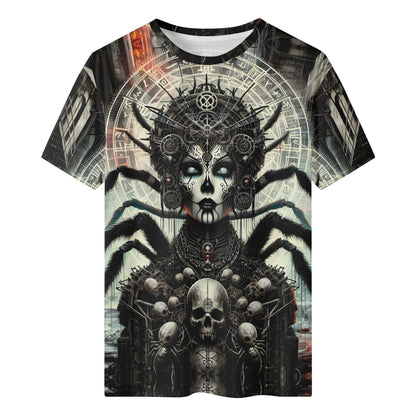 Mythical Monsters Arachne Organic Cotton T-Shirt with dark spider queen design and skull details